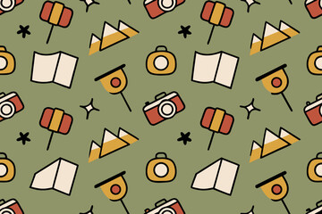 Whimsical Travel Icons Pattern with Mountains and Cameras on Green vacation adventure