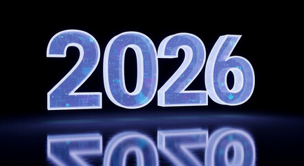 3D Render of Futuristic Glowing 2026 on Black Reflective Background – Cyberpunk New Year