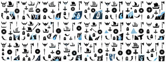 Repeating seamless pattern featuring black silhouette icons of Viking mythology, including drakkars, axes, shields, and helmets.