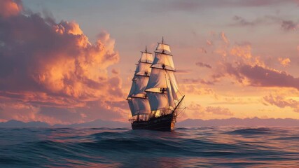 Majestic sailing ship at sunset on open sea with dramatic clouds - Powered by Adobe