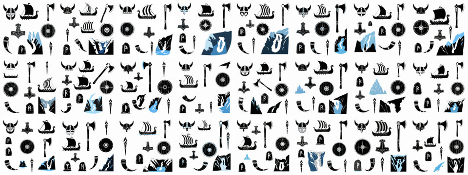 Repeating seamless pattern featuring black silhouette icons of Viking mythology, including drakkars, axes, shields, and helmets.