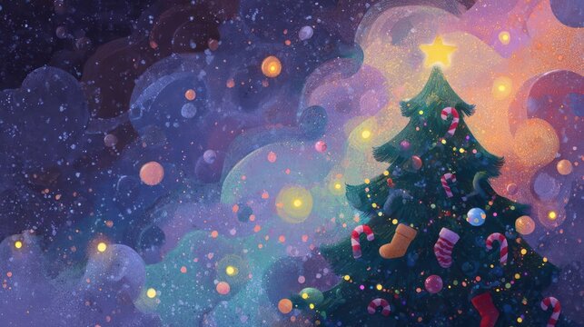 Whimsical christmas tree adorned with ornaments and lights under a dreamy starry night sky