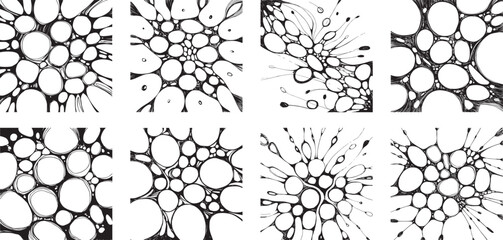 organic cell structure abstract set – biological bubble mesh line art illustrations