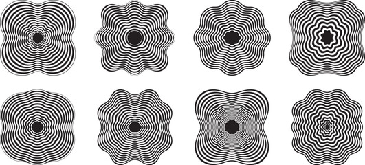 abstract radial ripple contour shapes – wavy geometric line flower pattern set