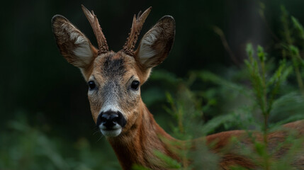 Portrait of a young deer in the woods.