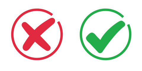 Checkmark x mark icon. Green checkmark and red x sign. © meranda