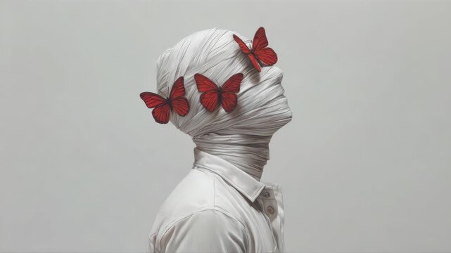 Wrapped figure with red butterflies on white background