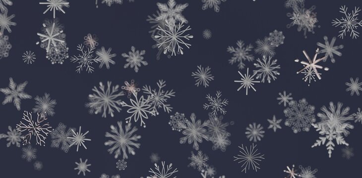Falling snowflakes on a dark blue background creating a winter, holiday or Christmas theme. Beautiful design suitable for we