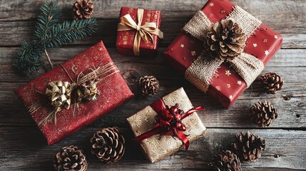 Fototapeta premium Christmas Gift Wrapping Banner Red Gold Holiday Background
