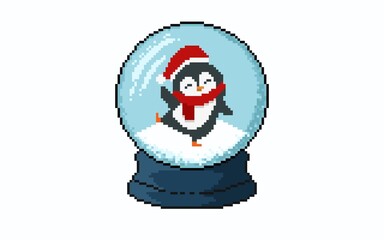 Pixel art illustration of a festive snow globe with a dark blue base. Inside, a penguin wearing a red Santa hat and scarf is dancing on snow. perfect for seasonal designs, wallpaper, background.