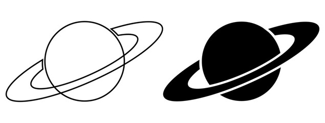 Simple planet with ring symbol set featuring clean outline and solid Saturn icons, useful for space, astronomy, galaxy, orbit,  space, galaxy, cosmos, vector, icons.