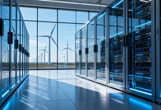 Futuristic data center featuring rows of glowing blue server racks and large windows viewing a vast wind farm.