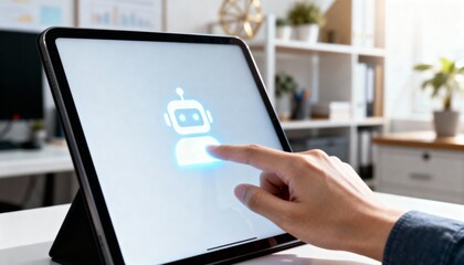 User interacting with a glowing artificial intelligence chatbot icon on a tablet screen in a bright office.