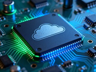 Cloud computing concept with a cloud symbol chip embedded in a glowing green and blue circuit board.