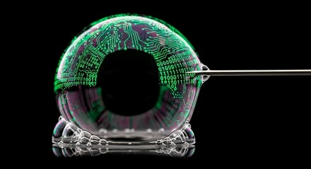 Digital matrix code pattern on iridescent soap bubble with needle
