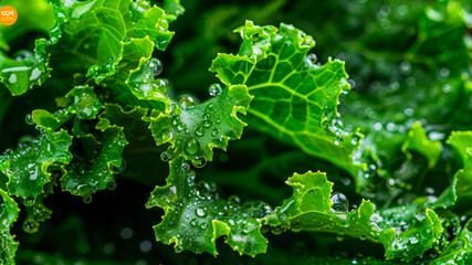 Lush green kale leaves glistening with water droplets after a refreshing rain shower