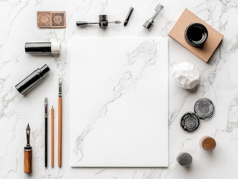 A collection of art supplies including calligraphy pens, paintbrushes, ink bottles, and a blank canvas are arranged on a marble surface.