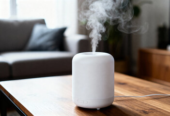 A modern white ultrasonic diffuser releases steam on a wooden coffee table in a bright, minimalist living room.