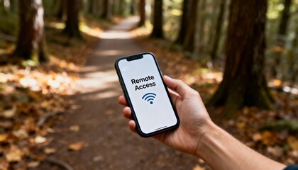 A hand holds a smartphone showing "Remote Access" and a Wi-Fi icon, set against a blurred autumn forest path background.