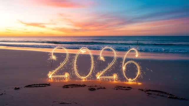 The year 2026 is written in sparklers on a beach at sunset - Powered by Adobe