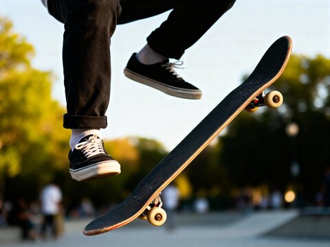 A skateboarder in black jeans and sneakers executes a trick high above the ground at a sunny skate park. - Powered by Adobe