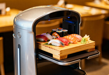 Sleek delivery robot transporting a wooden tray piled with various pieces of colorful, fresh Japanese sushi.
