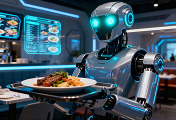 A sleek, silver robotic waiter serves a steaming plate of food in a modern, neon-lit restaurant with futuristic displays.