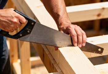 Close-up of hands cutting a light-colored wooden plank using a sharp handsaw during outdoor construction work.