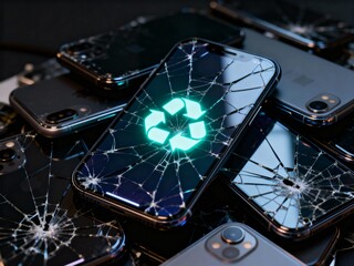 Pile of broken smartphones with cracked screens, showing a glowing recycle symbol on the central device.