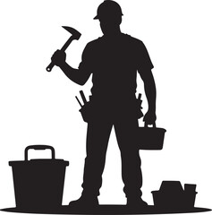 Silhouette of a construction worker holding a hammer with tools and buckets