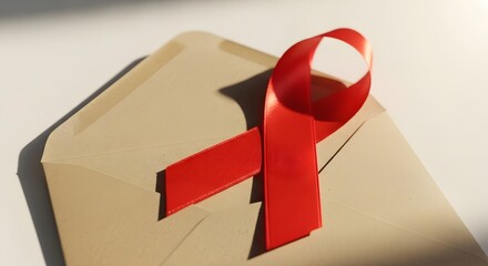Show Your Support: A Red Ribbon on an Envelope Symbolizing World AIDS Day and Solidarity with Those Affected by HIV and AIDS, Raising Awareness