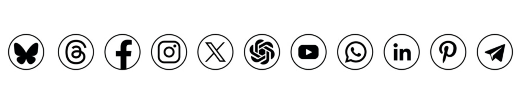 Social media icon set, social network logos, facebook, instagram, x, youtube, whatsapp, linkedIn, telegram, bluesky, tiktok.