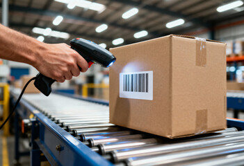 Hand scanning a barcode on a cardboard box moving on an industrial roller conveyor belt in a warehouse.