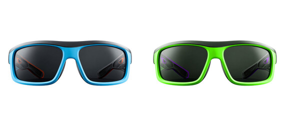 Two pairs of sunglasses in blue and green on a black studio background shot on transparent background