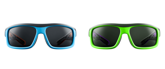 Two pairs of sunglasses in blue and green on a black studio background shot on transparent background