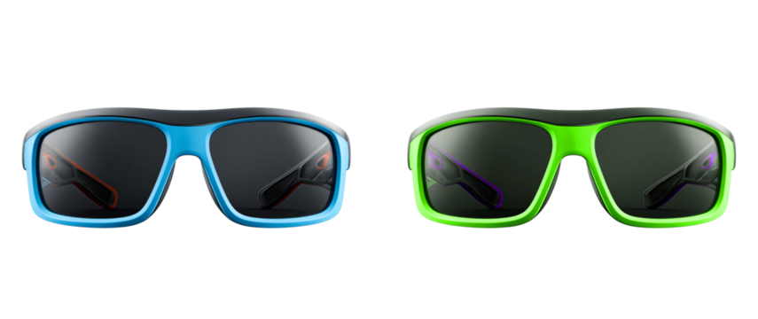 Two pairs of sunglasses in blue and green on a black studio background shot on transparent background