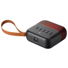 Compact portable bluetooth speaker with orange fabric accents and leather strap isolated on transparent background