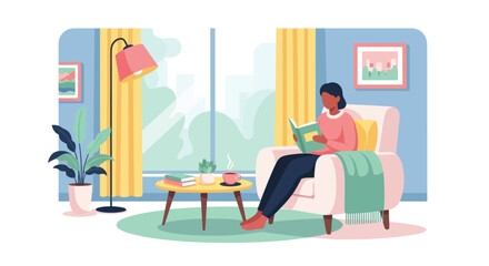 A woman relaxes in a cozy living room, reading a book in an armchair with a soft green throw, near a window