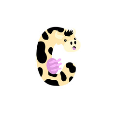 Cute cartoon letter C shaped like a cow with spots and udder, children's alphabet illustration