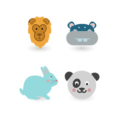 Cute cartoon animal heads lion, hippo, bunny, and panda in a minimalist flat design style