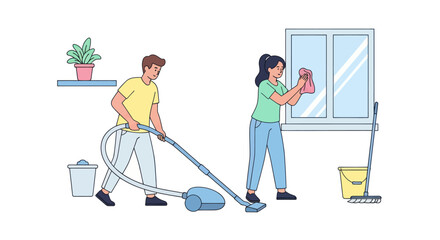 Cartoon couple cleaning a room one vacuums while the other wipes a window. Potted plant and cleaning supplies visible