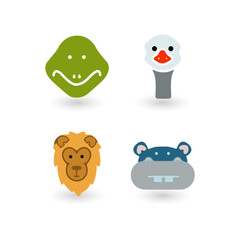 Cute Cartoon Animal Faces Icon Set Lion, Hippo, Snake, and Duck on White Background