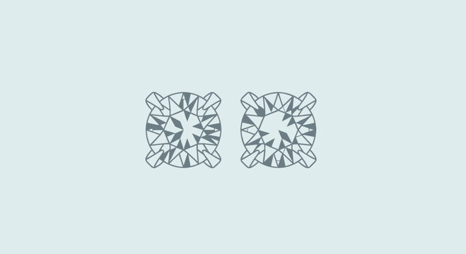 Two symmetrical diamond stud earrings, top view, against a light blue background, showcasing intricate facets