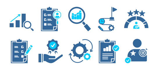assessment icon set collection in dual tone style. an icon pack contain audit, criteria, analysis, plan, performance, evaluation, quality, process, result, goal