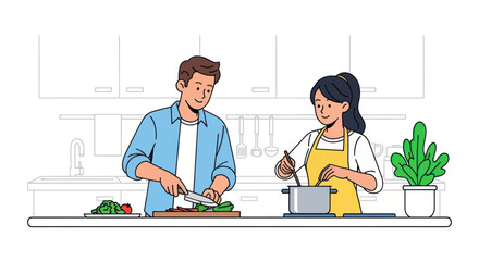 A couple cooks together in a clean, modern kitchen with vegetables. One slices, the other stirs a pot