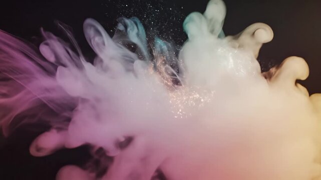 Colorful smoke explosion on black background - This video showcases a vibrant explosion of smoke in pastel colors against a dark backdrop.