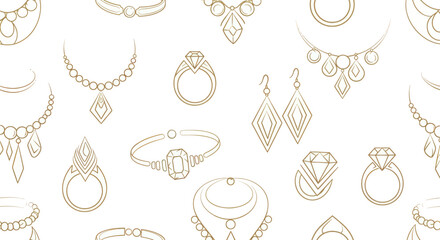 Gold line art pattern of various jewelry pieces necklaces, rings, bracelets and earrings, against a bright white background