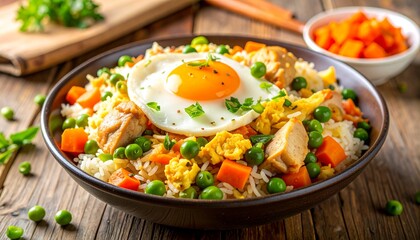 Colorful chicken fried rice with eggs, carrots, and peas served in a bowl, captured in bright and appetizing food photography.