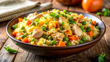Colorful chicken fried rice with eggs, carrots, and peas served in a bowl, captured in bright and appetizing food photography.