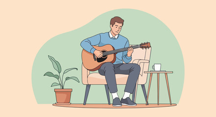 A man plays an acoustic guitar seated indoors. A potted plant and side table with a mug are nearby. The background is a light pastel